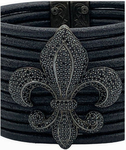 SCOTT KAY 925 Sterling Fleur-de-Lis Black Spinel Leather Bracelet