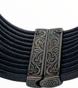 SCOTT KAY 925 Sterling Fleur-de-Lis Black Spinel Leather Bracelet