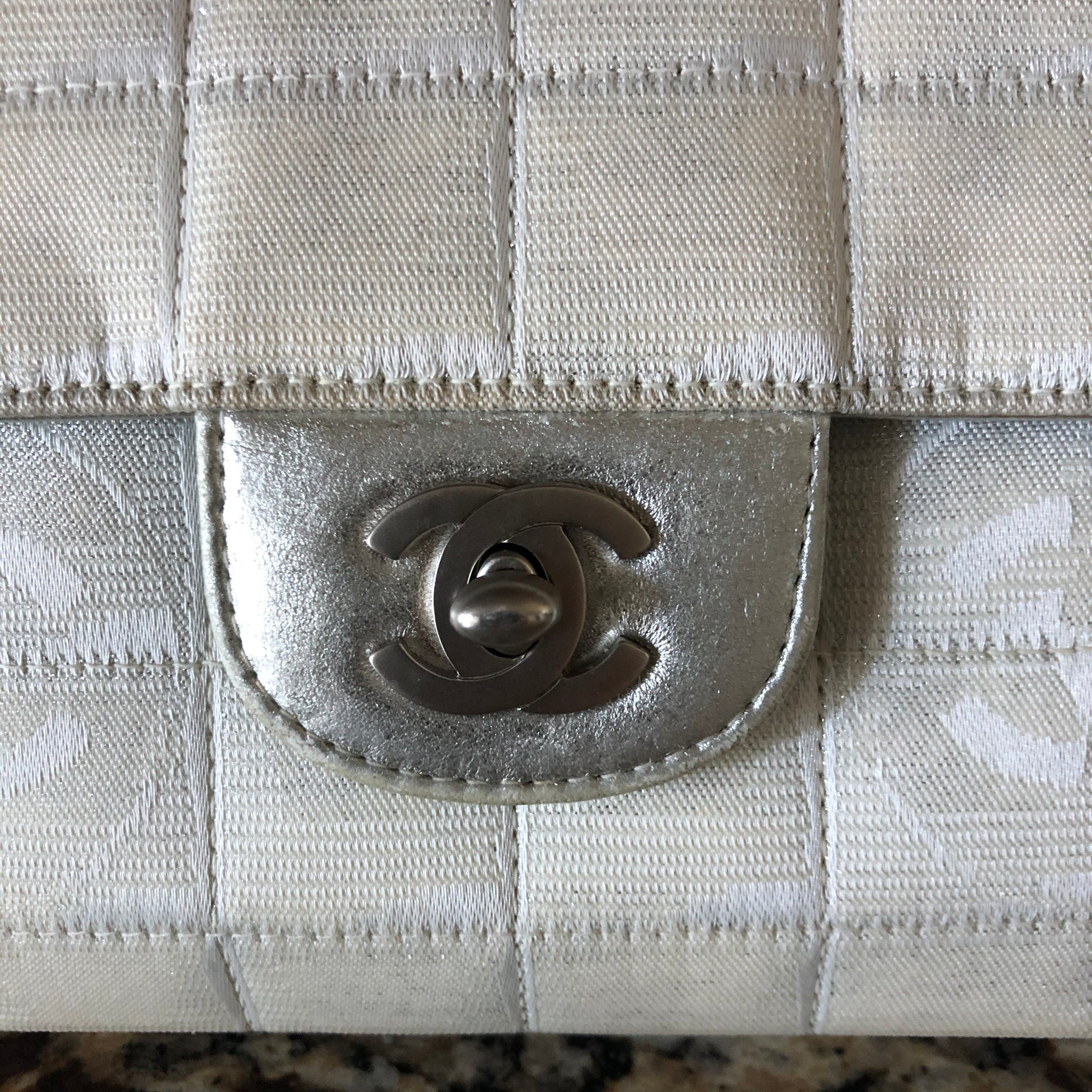 Chanel Beige Square Quilted Patent Leather East/West Tote Bag